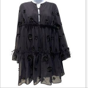 & Other Stories Navy A-Line Tiered Boho Black Appliqué Dress